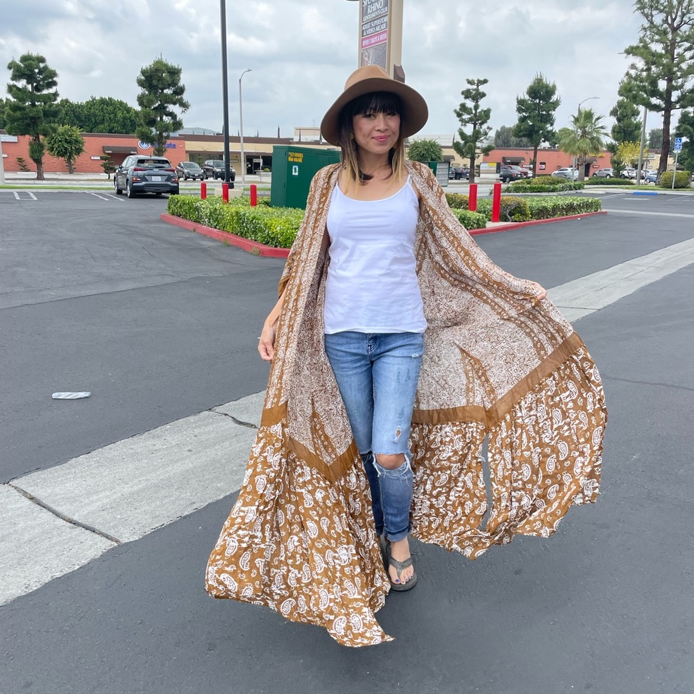 Bohemian Gypsy Brown Paisley Ruffle Long Kimono Cover up